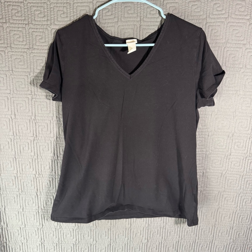 H&M Shirt Top Women’s Size XL Black Short Sleeve V-Neck Basic